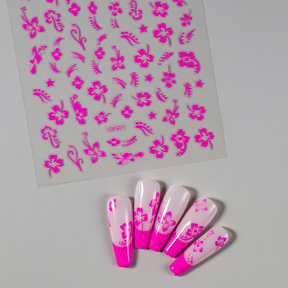 5D Hibiscus Flower Nail Embossed Sticker Lace Flower White Pink Petal Floral Self Adhesive Nail Art Slider DIY Elegant Romantic