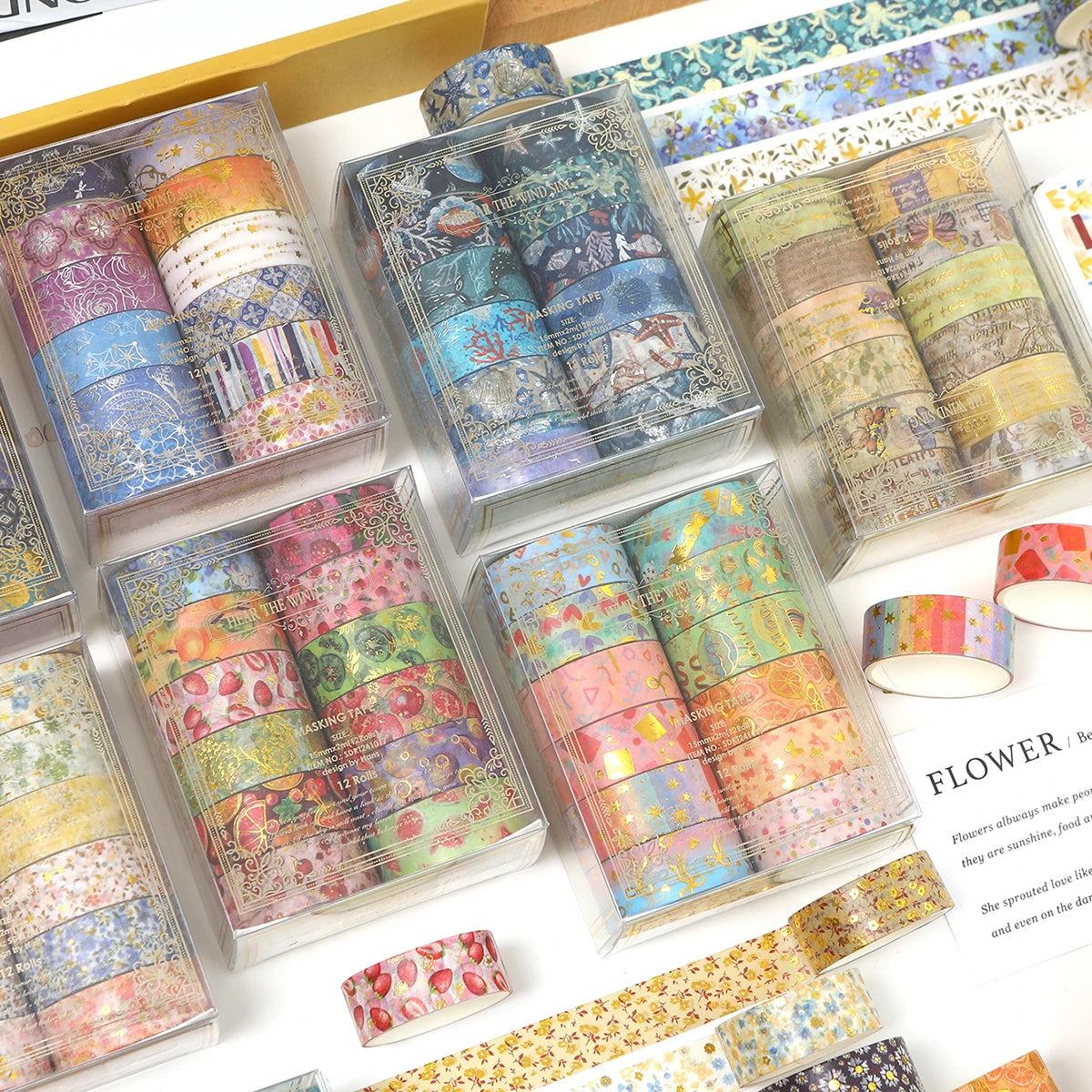 Creative Floral Hot Foil Washi Tape Set,12 Rolls Decorative Masking Tape for Scrapbooking,Journaling,DIY Gift Supplies