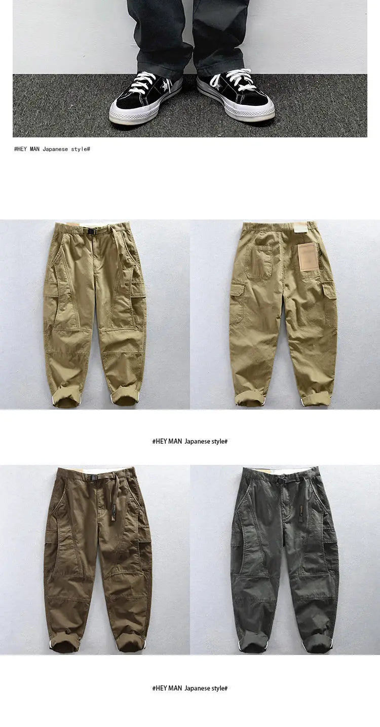 Autumn Men's Pants Multi-Pocket Cargo Pants Retro Solid Color Simple Loose Button Elastic Strap Casual Pants