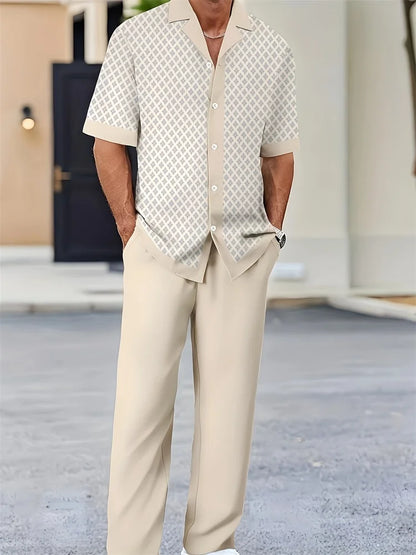 2025 Autumn Geometric Color Block Printed Short-sleeved Set, 2pcs Daily Casual And Loose Men's Shirt Set, Casual And Fashionable