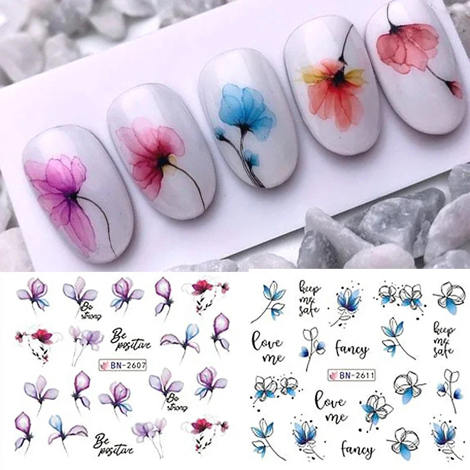 12Spring and Summer Water Transfer Ink Floral Nail Sticker Set Contains Blooming Flowers and Green Leaves Graffiti Slider Nail
