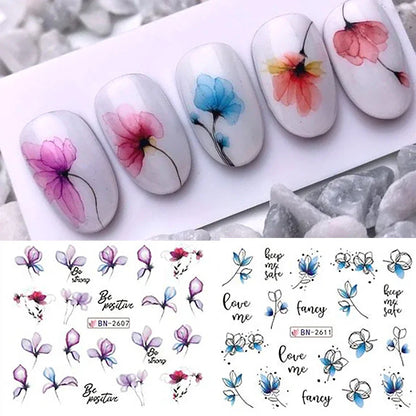 12Spring and Summer Water Transfer Ink Floral Nail Sticker Set Contains Blooming Flowers and Green Leaves Graffiti Slider Nail