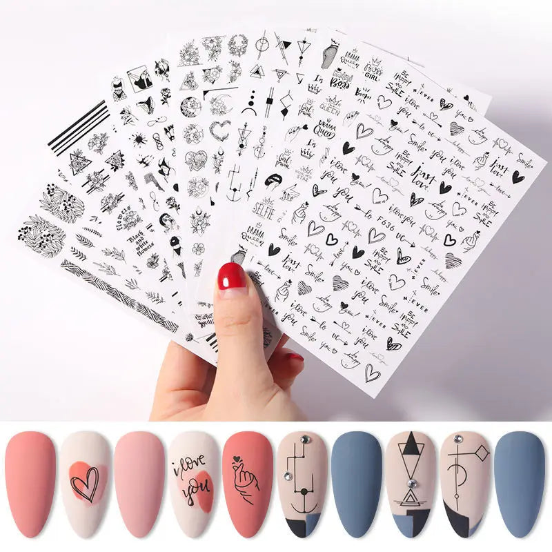 Black and White Love Flowers Line Art 3D Stickers Nail Decals Nail Art Accessories Butterfly Rose Nail Stickers Nail Sliders