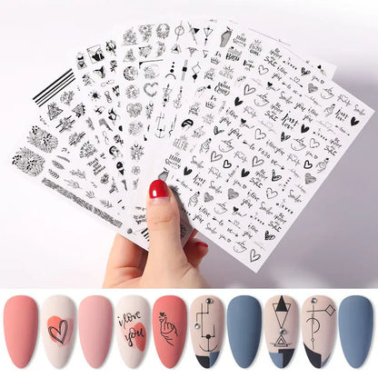 Black and White Love Flowers Line Art 3D Stickers Nail Decals Nail Art Accessories Butterfly Rose Nail Stickers Nail Sliders