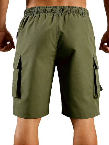 Men's Straight Cargo Shorts Lightweight Breathable Solid Color Drawstring Waist with Zipper Pockets Casual Summer Short Pants