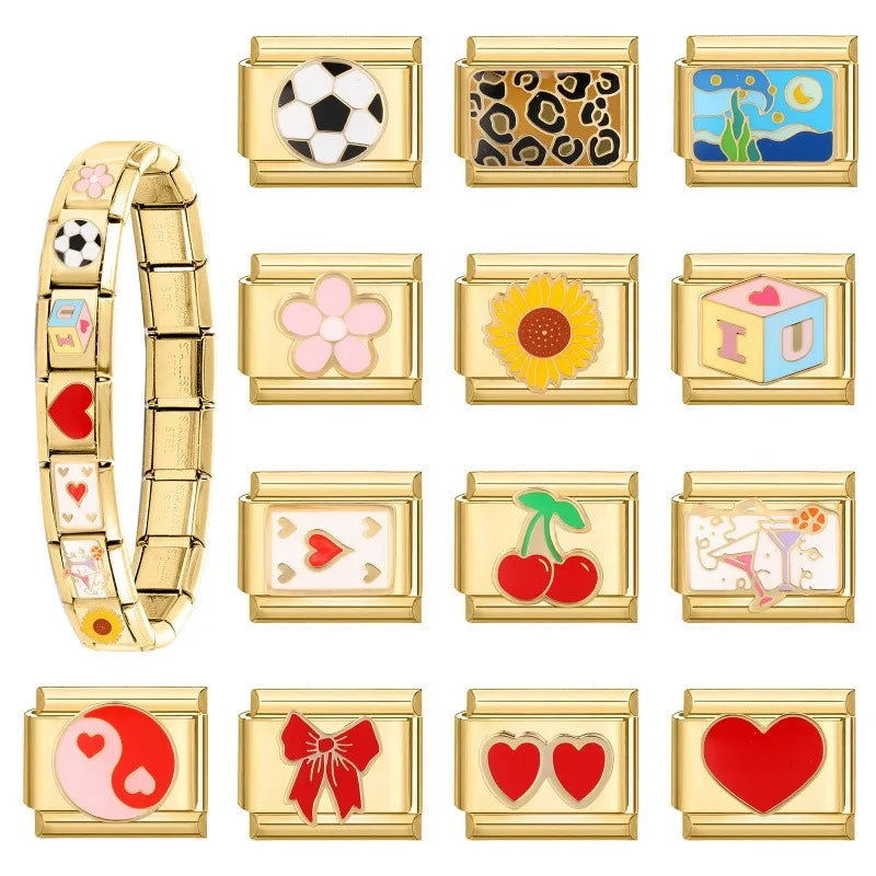 Gold Color Heart Sunflower Cherry Tai Chi Leopard Italian Charm Links Fit 9MM Bracelet Stainless Steel Men Women DIY Making Gift
