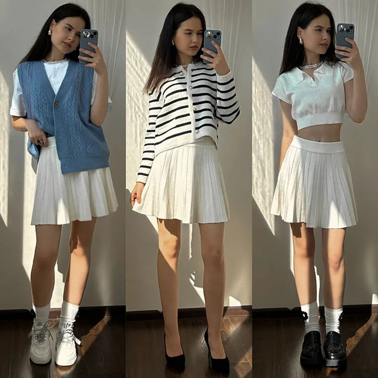 Autumn Knit White Mini Pleated Skirts For Women A Line Skirt Gray High Waist Women Knitted Pleated Short Skirts Korean Fashion