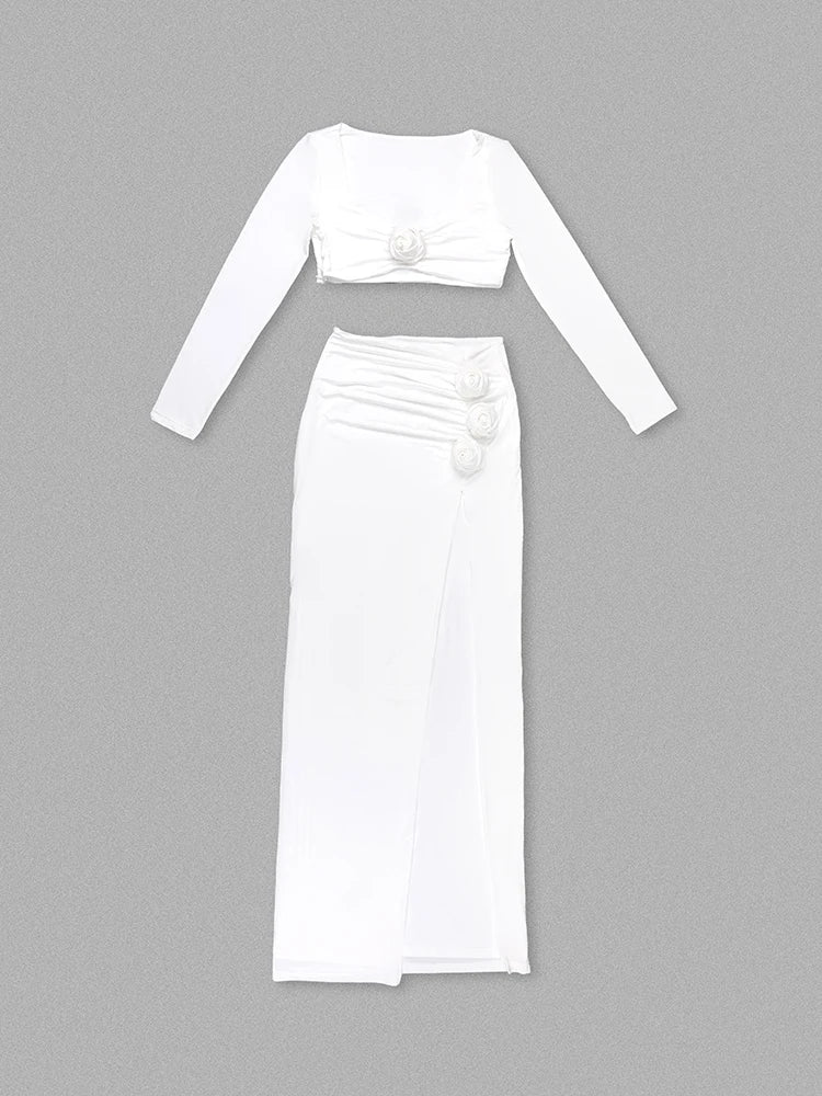Sexy Long Sleeves Crop Top + High Split Skirt Two Piece Set Women 3D Flower Details Slim Suits Celebrity Cocktail Party Set Gown