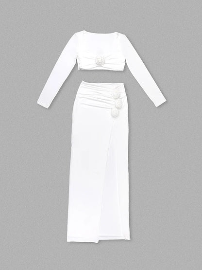 Sexy Long Sleeves Crop Top + High Split Skirt Two Piece Set Women 3D Flower Details Slim Suits Celebrity Cocktail Party Set Gown