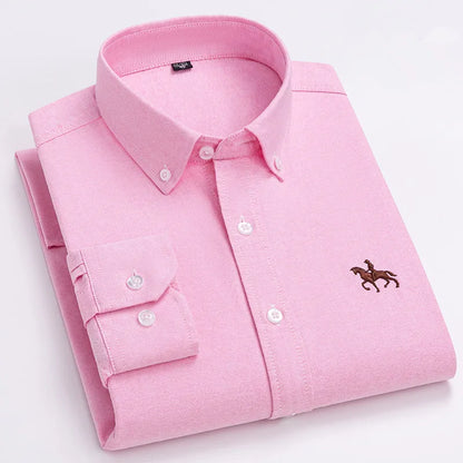 Basic Oxford Dress Shirt For Men Long Sleeve 100% Pure Cotton Solid  Casual Plaid Striped Social Business Male Regular-Fit S-6XL