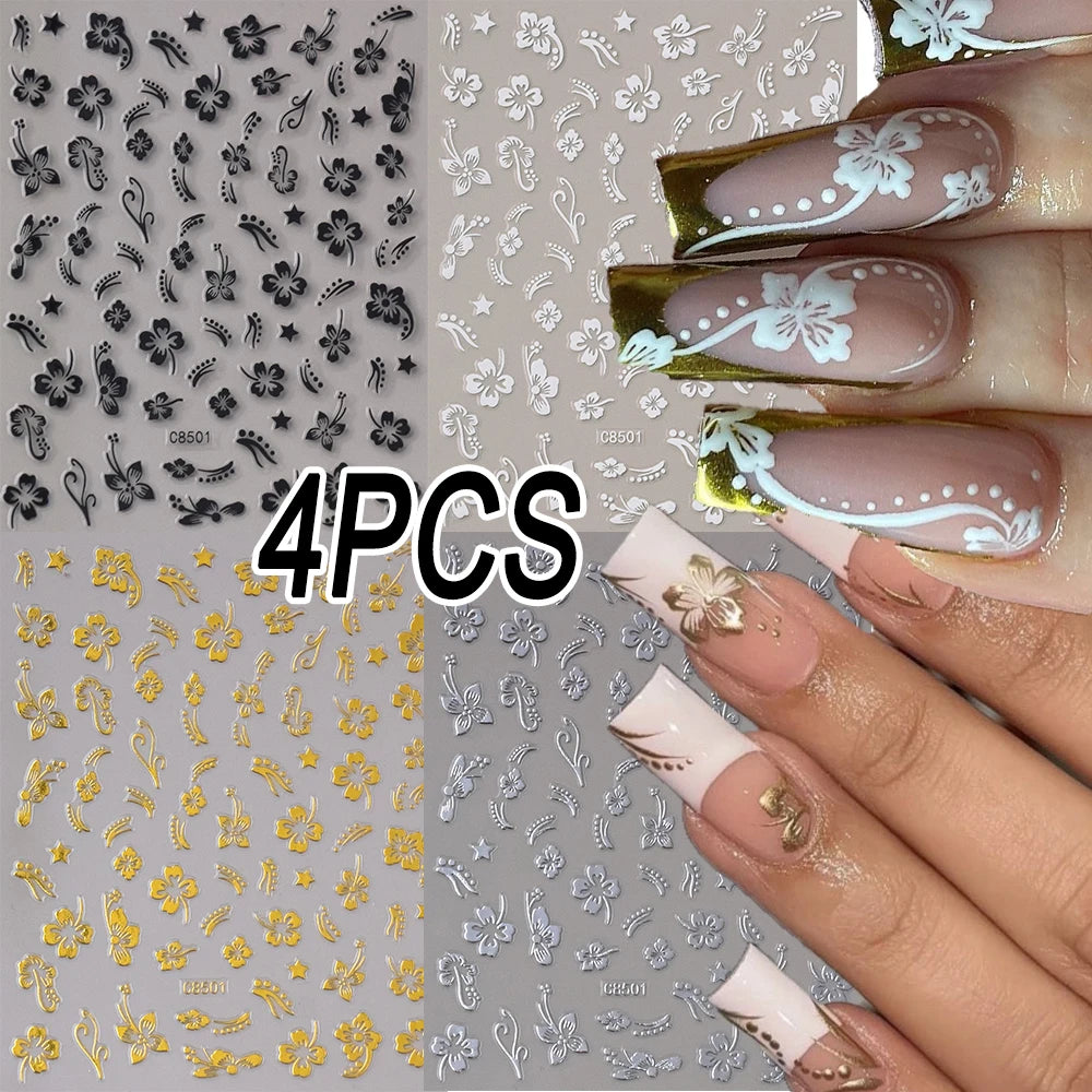 1pc 3D Hibiscus Flowers Nail Sticker White Black Flower Petals Adhesive Decals Pink Golden Floral Slider For Nail Art Decoration