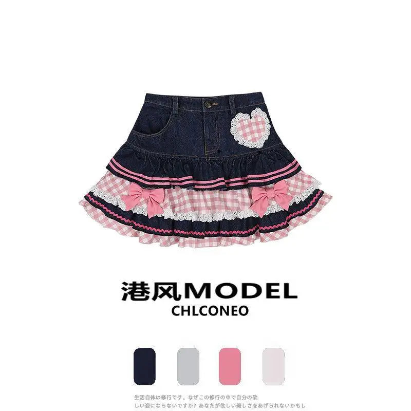 Kawaii Girls Lolita Skirts Japanese Women Harajuku Ball Gown Denim Skater Y2K High Waist Lace Cake Skirts Versatile Puffy Skirts