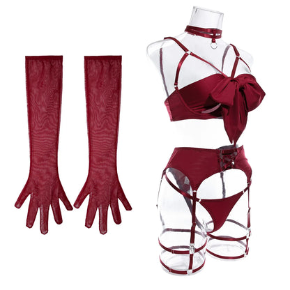 sexy lingerie set Bow bra Black Temptation Bra Set Belt Hollowed Out Gathering Four Piece underwear women Set Erotic Sleepwear
