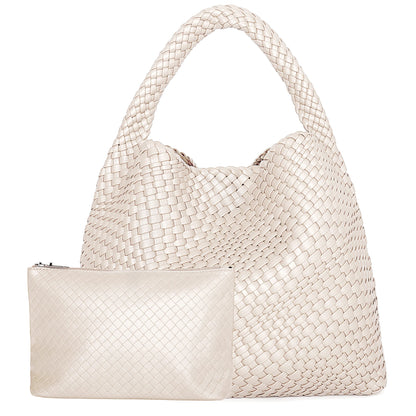 Woven Tote Bag for Women Large Woven Handbag Soft Leather Shoulder Bag Work Shopper Summer Beach Travel Tote Bag with Purse