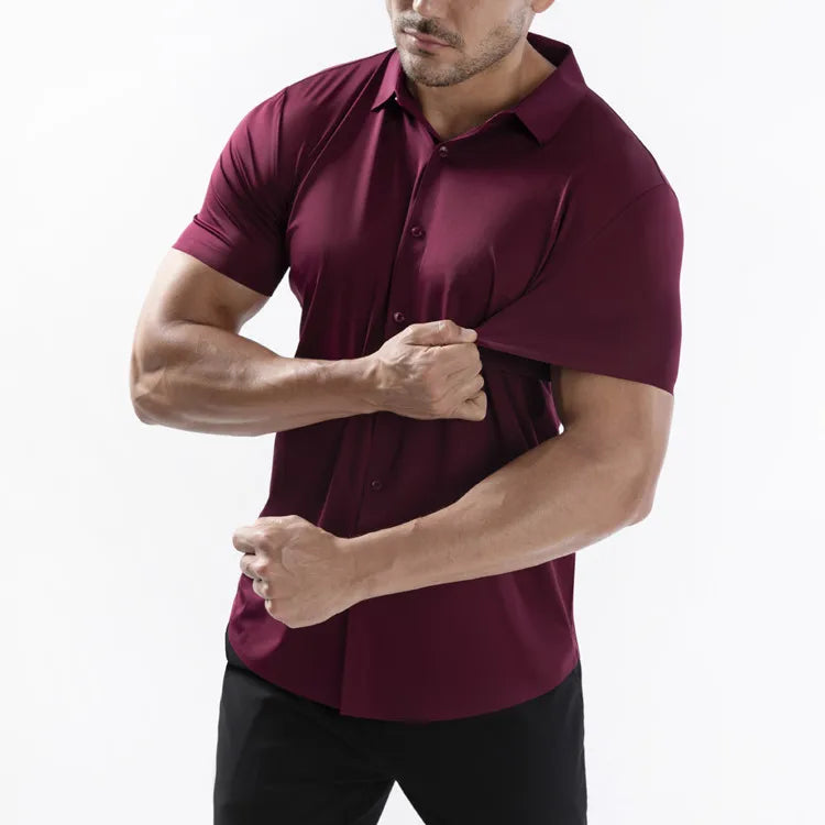 High Quality Summer Business Shirts For Men Short Sleeve Button Wrinkle Free Elasticity Social Black Office Dress Shirts US Size