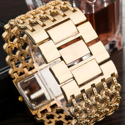 Luxury Noble Gold Ladies Quartz Watch Fashion Women's Skeleton Bracelet full Dress Clock Watches