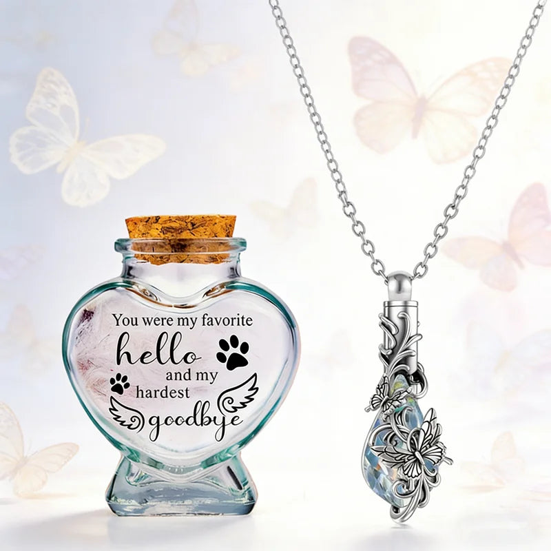 2 PCS Pet Mini Commemorative Urn, Sand Souvenir Sar, Heart-Shaped Glass Urn With Urn Necklace Set