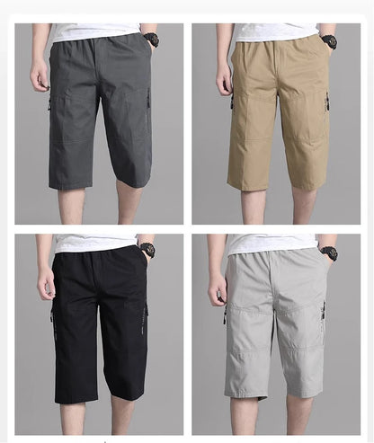 Mens Cargo Shorts Knee Pants Zipper Pocket Summer Cotton Shorts Climbing Jogger Elastic Waist Sports Wear
