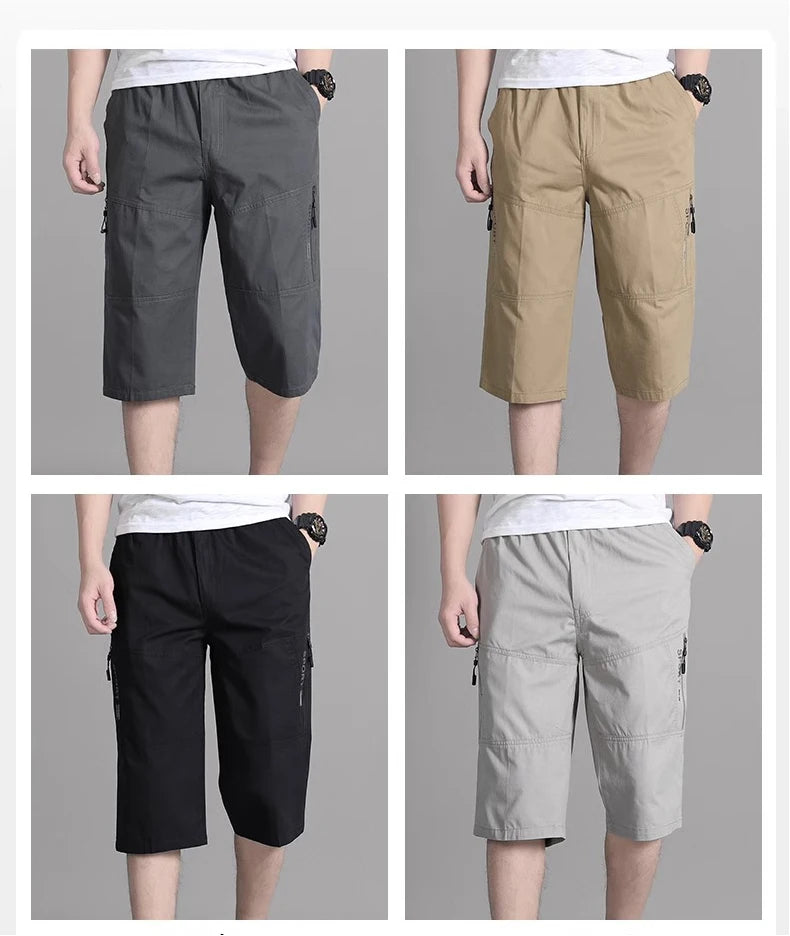 Mens Cargo Shorts Knee Pants Zipper Pocket Summer Cotton Shorts Climbing Jogger Elastic Waist Sports Wear