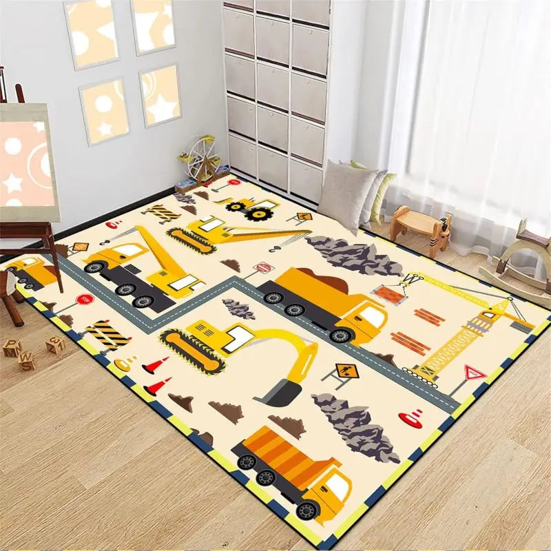 Construction Car Print Area Rug Washable Carpets for Kids Bedroom Living Room Kitchen Entrance Mat Non Slip Flannel Mats