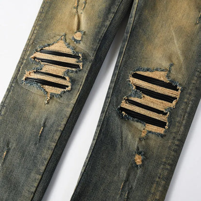 Y2k New Men's Jeans Washed Nostalgic Perforated Black Leather Patch Deep Blue Jeans High Street Designer Hip-Hop Brand High-Qual