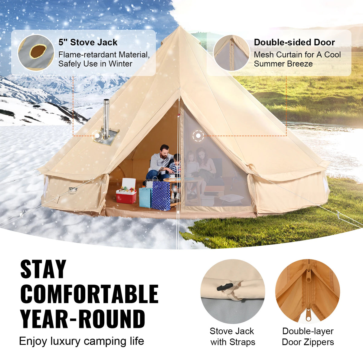 SucceBuy Canvas Bell Tent 4 Seasons 9.8ft Yurt Tent Canvas Tent for Camping with Stove Jack Breathable Tent Holds up to 4 People