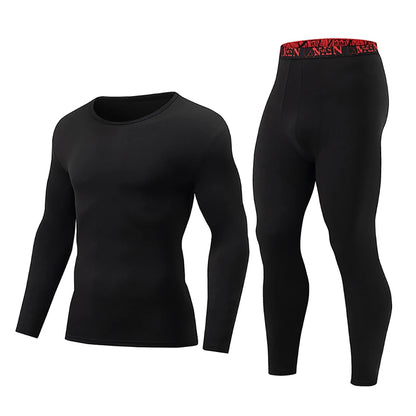 2-piece Men's Autumn And Winter Solid Color Round Neck Fashionable Printed Sports Thermal Underwear Set Simple And Comfortable