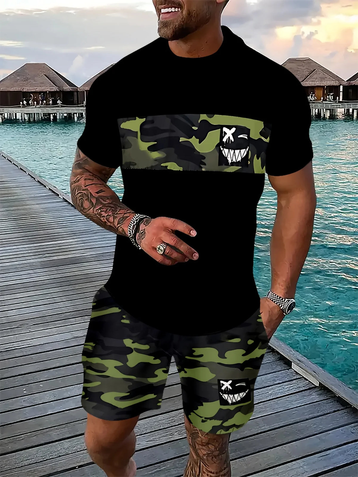 2026 Summer New Arrival Men's Casual Two-Piece Set Striped Print Short-Sleeve Shirt and Athletic Shorts Set Men's Fitness Set