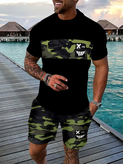 2026 Summer New Arrival Men's Casual Two-Piece Set Striped Print Short-Sleeve Shirt and Athletic Shorts Set Men's Fitness Set