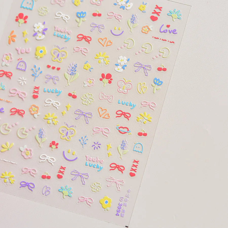 Collage Text English Letter Musical Note Star Graffiti Colorful 5D Love Heart Bowknot Nail Art Sticker Adhesive Manicure Decals