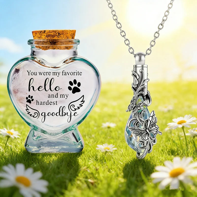 2 PCS Pet Mini Commemorative Urn, Sand Souvenir Sar, Heart-Shaped Glass Urn With Urn Necklace Set