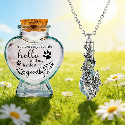 2 PCS Pet Mini Commemorative Urn, Sand Souvenir Sar, Heart-Shaped Glass Urn With Urn Necklace Set