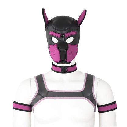 Large Size Puppy Cosplay Neoprene Fetish Hood Mask Kit with Chest Strap Collar Armband Sex Costumes for Bdsm Slave Role Play
