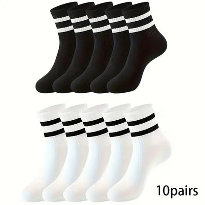 6/10/15/20 Pairs Men Socks Spring Autumn Casual Black White Striped Socks Breathable Mid Tube Sock High-quality Round Neck Socks