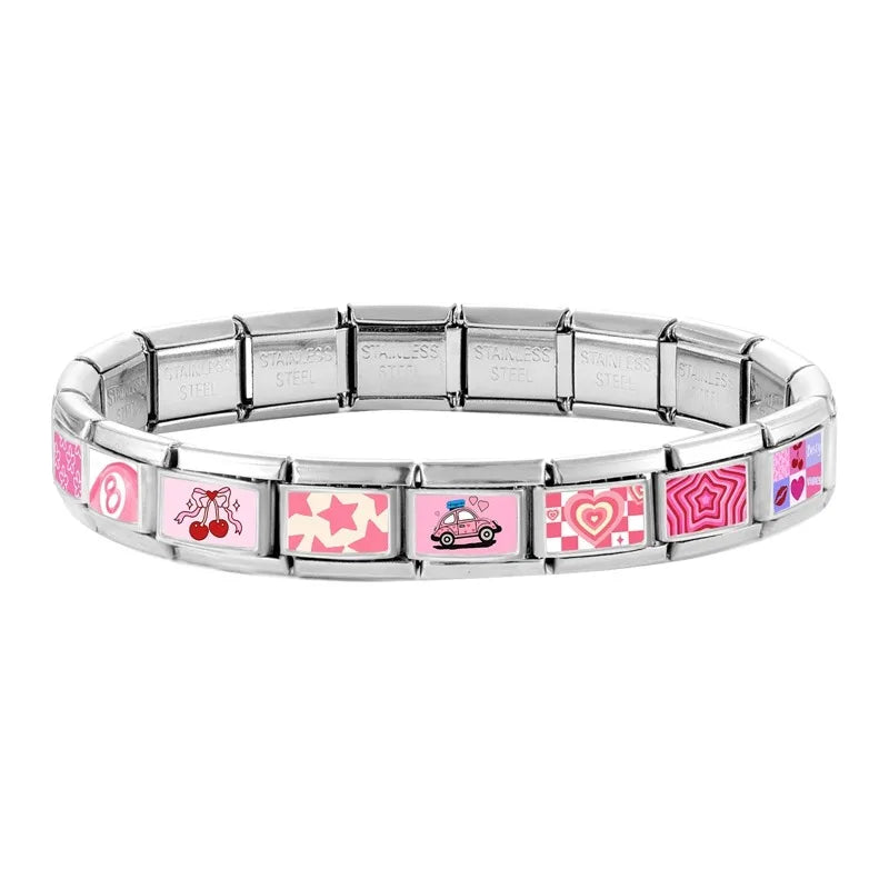 Wholesale Sweet Pink Series Stars Heart Flowers Butterfly Italian Link Fit 9mm Stainless Steel Bracelet Making DIY Charm Jewelry