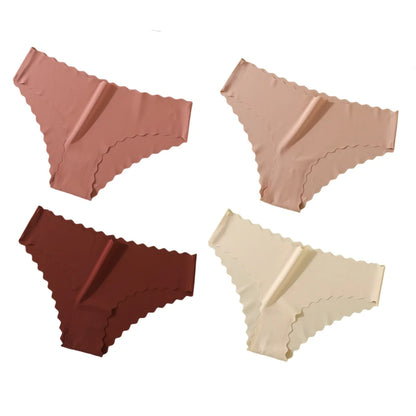 4Pcs/Set Ice Silk Mid-Rise Panties Women's Seamless Briefs Solid No Show Underwear Scalloped Edge Panties Sexy Lingerie XS-XL
