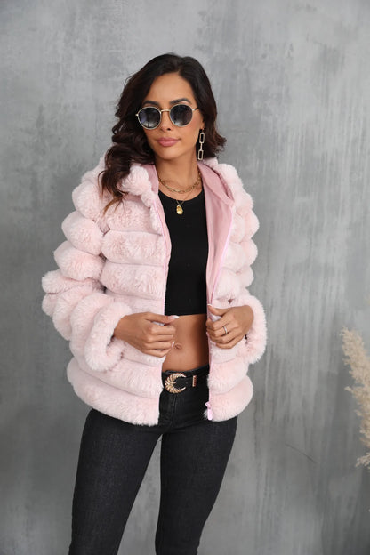 2026 Faux Fur Women Coats Hooded Full Sleeve Short Coat Zipper Thick Warm Solid Temperament Elegant Splice Autumn Winter
