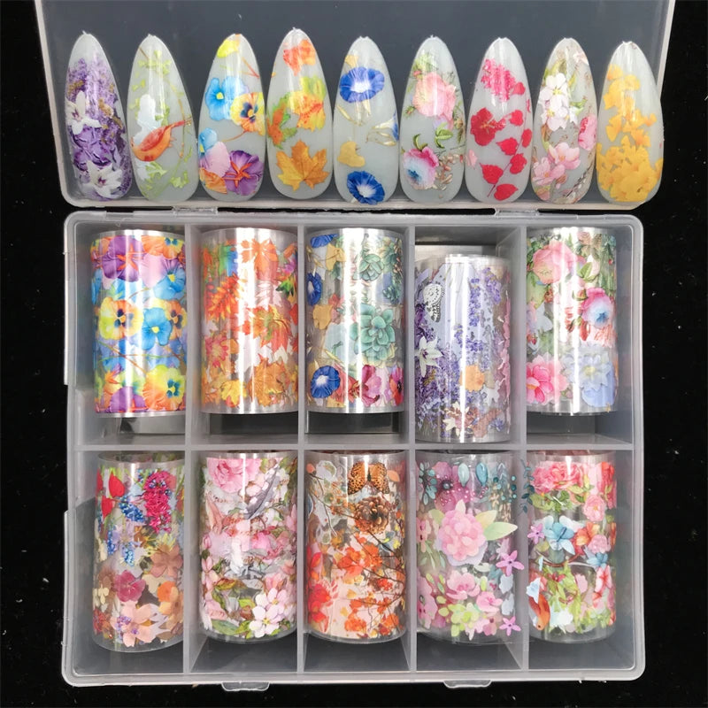 New Flower Nail Foils for Transfer Paper Stickers Floral Adhesive Fruit Nails Wraps Fish DIY Water Marble Nail Art Decorations