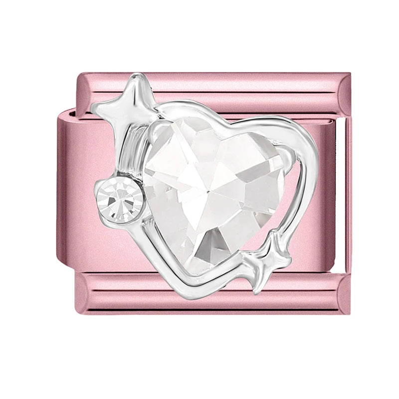 2025 New Women Romantic Pink Cherry Heart Shiny CZ Italian Charm Links Fit 9mm Bracelet Stainless Steel DIY Making Jewelry Gifts