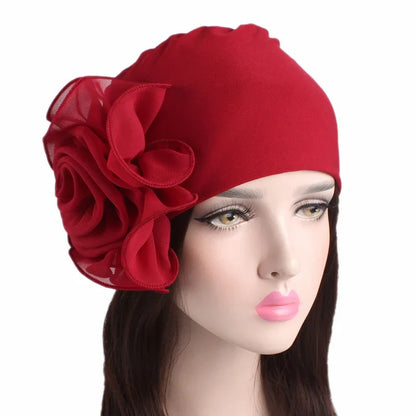 Fashion Women Big Flower Turban Hat Solid Color Elastic Cloth Head Cap Muslim Head Wraps Caps Lady Bandana Hair Accessories