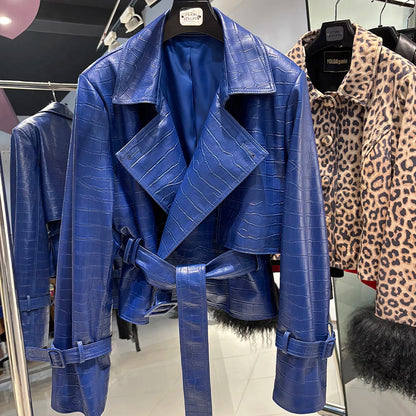 YOLOAgain 2025 Autumn Elegant Real Leather Jacket Coat Women Oversized Leather Jacket With Belt