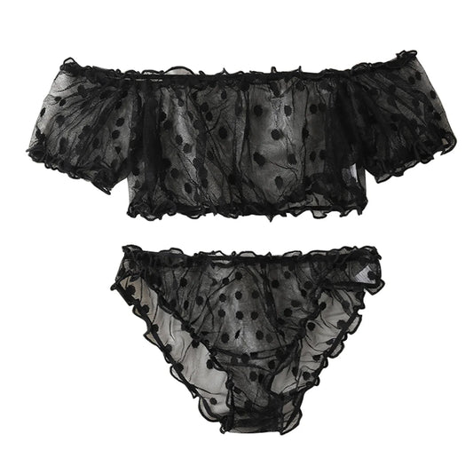 Women 2-Piece Lingerie Dot Embroidery Mesh Fancy Outfit Romantic Underwear Set Bra And Panty Sets
