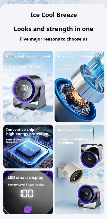 Desktop Fan 180degree Rotation Low-noise Silent Fan LED Display Large-capacity Home Mini Desktop Wall-mounted Fan 1800mAh