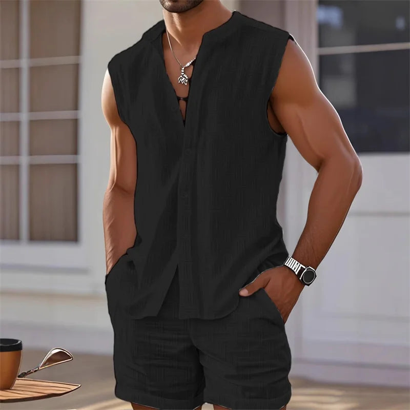2025 New Men's Vest Shirt, Sleeveless Top and Shorts Plaid Two-Piece Set, Casual Trendy Sleeveless Shorts Hawaiian Beach Set