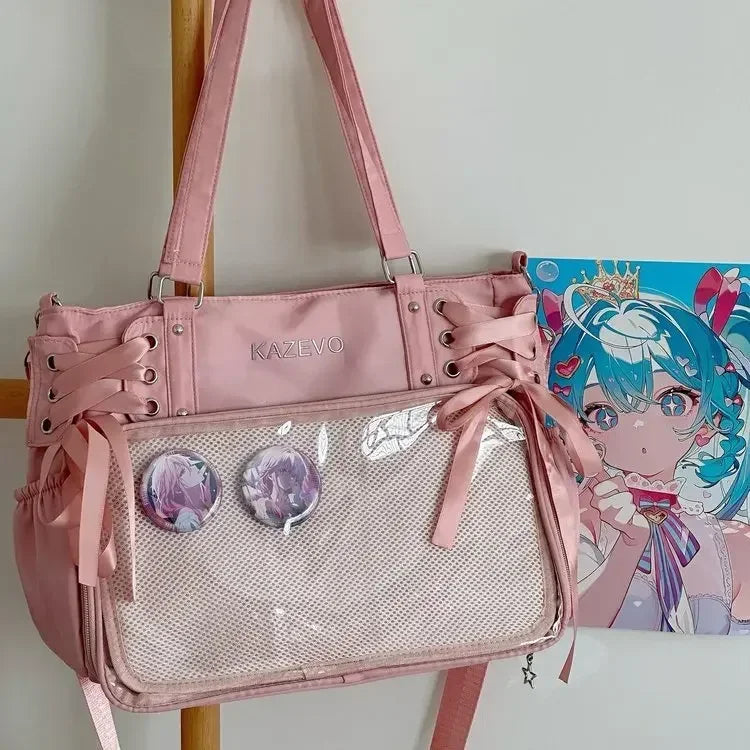 College Style Crossbody Bag with Ribbon Large Capacity for Class Book Carrying Mailman Bag Girls Bow JK Shoulder Ita Bag Handbag