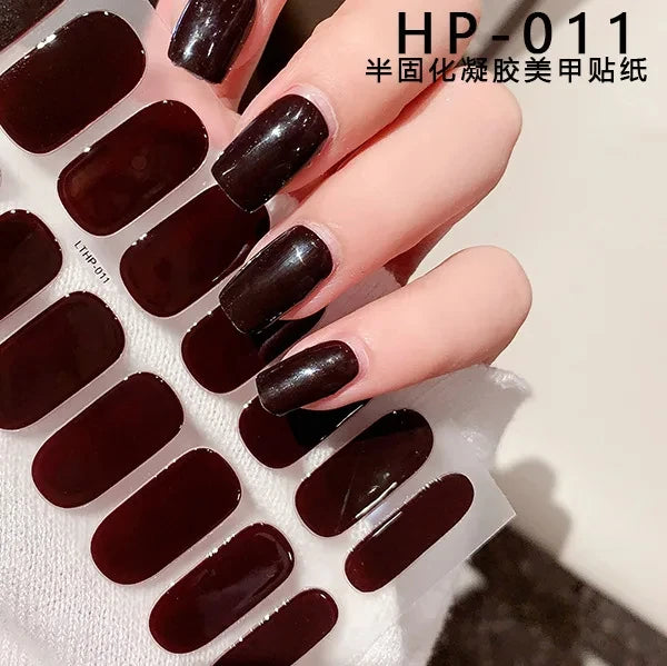 16Tips UV Semi-Cured Gel Nail Wraps Sticker 5D Pure Color Full Cover UV Lamp Gel Sticker Long-Lasting Nail Extension Patch Strip