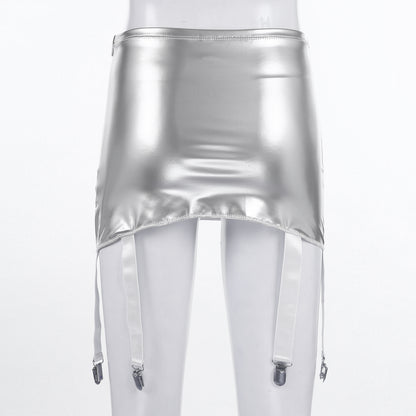 Women's Garter Straps Pencil Skirts Patent Leather Wet Look Garter Belt Short Mini Skirts with Buckle Clips Sexy Clubwear Party