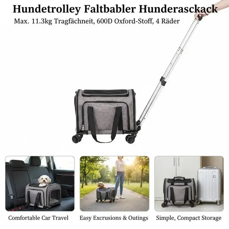 11.3kg Capacity - Foldable Pet Trolley Backpack - 600D Oxford Fabric - 4 Wheels & Storage Pockets - Ideal for Travel, Outings, Park, Shopping, Visiting - Portable Dog Cart