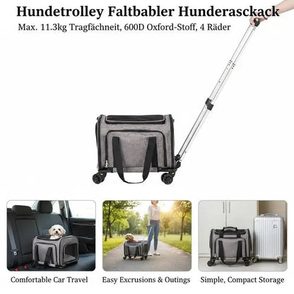 11.3kg Capacity - Foldable Pet Trolley Backpack - 600D Oxford Fabric - 4 Wheels & Storage Pockets - Ideal for Travel, Outings, Park, Shopping, Visiting - Portable Dog Cart