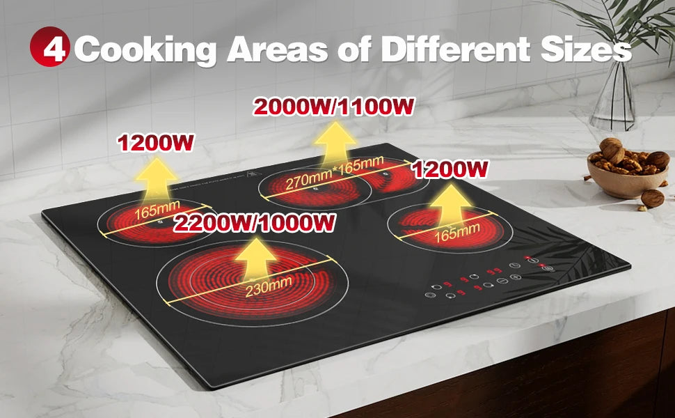 2-Zone Ceramic Hob, 3000W with Child Lock, 9 Heat Levels, 1-99min Timer, Black (CE Certified)
